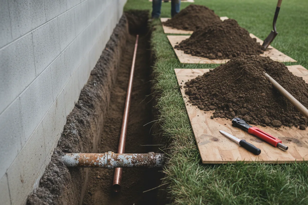 Excavated water line trench during Water Heater Repair in Flag Pond